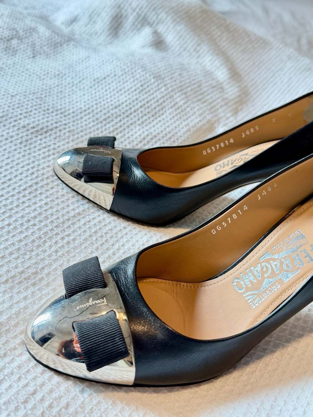 Salvatore Ferragamo Nina Black Leather Metal Cap Toe Pumps
